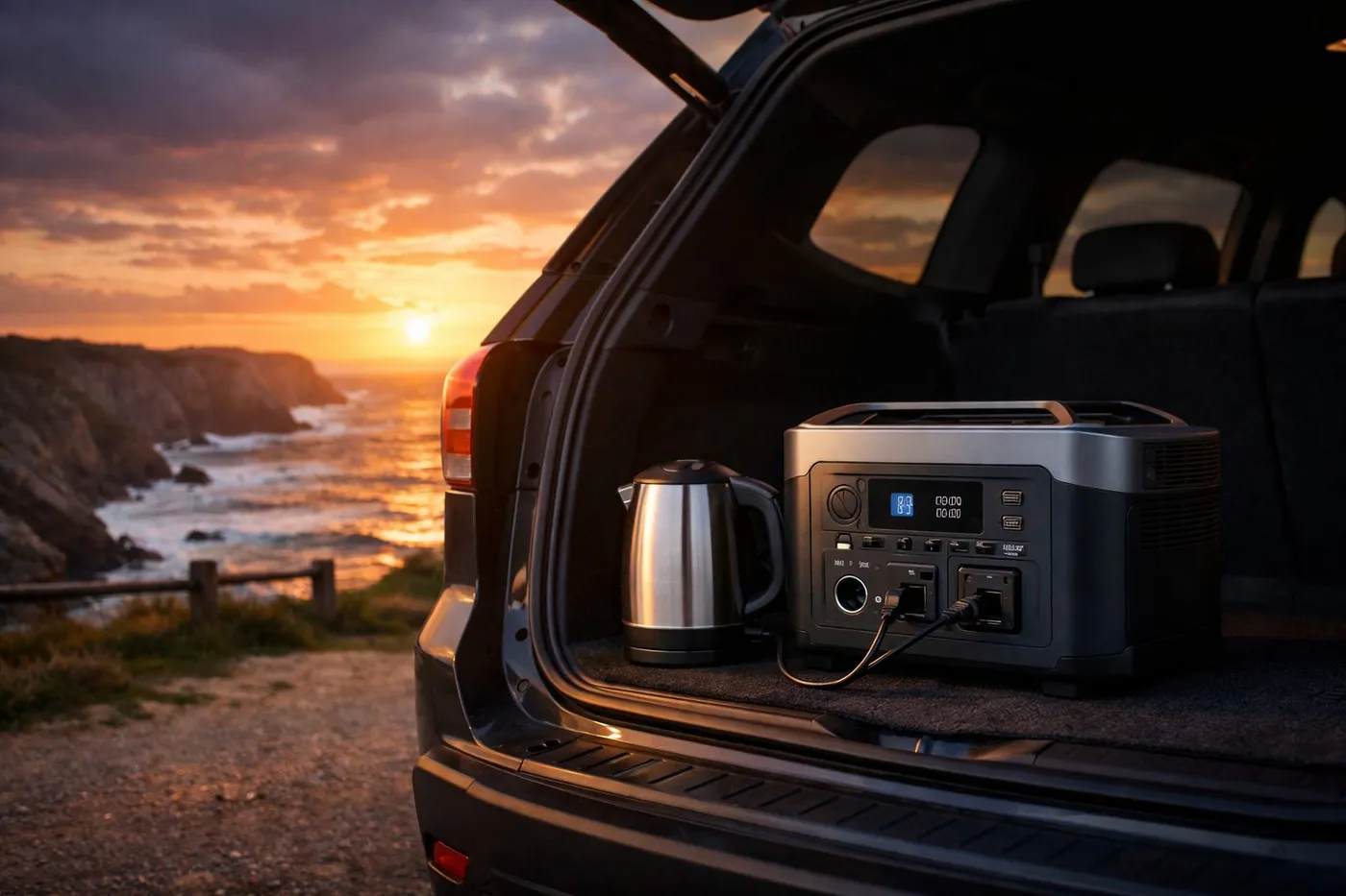 Station électrique portable dans le coffre d'une voiture face à la mer