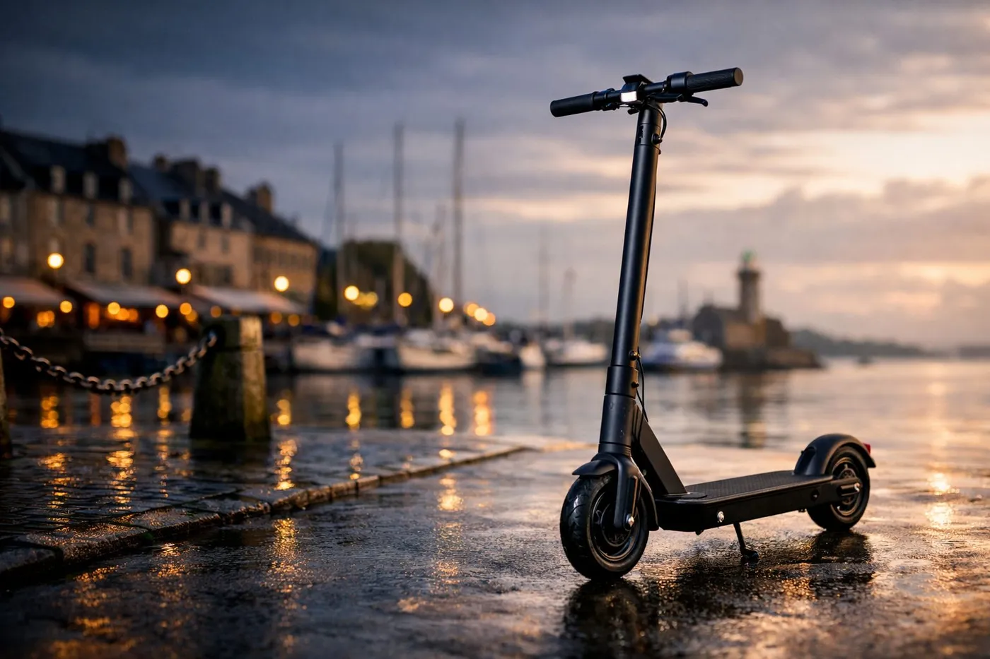 Trottinette électrique noire garée sur une rue pavée près d'un port