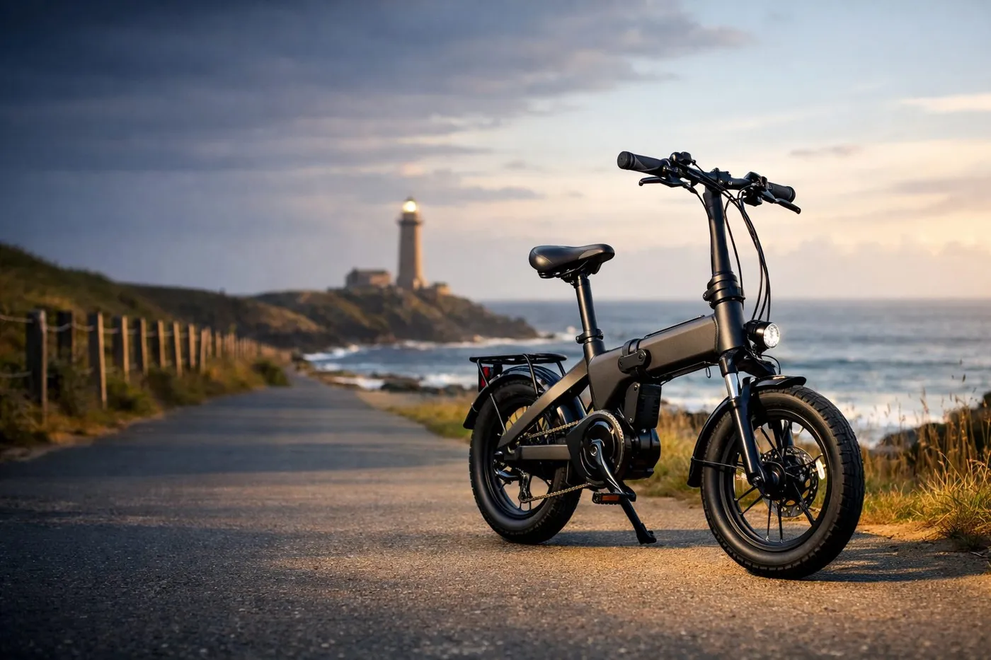 Vélo électrique pliant sur une piste cyclable en bord de mer