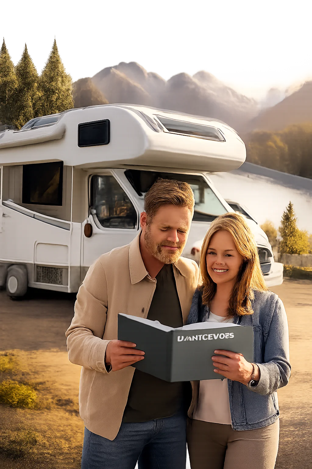 Couple examine financement pour camping-car d’occasion stationné devant paysage pittoresque, prêt pour voyage aventureux.