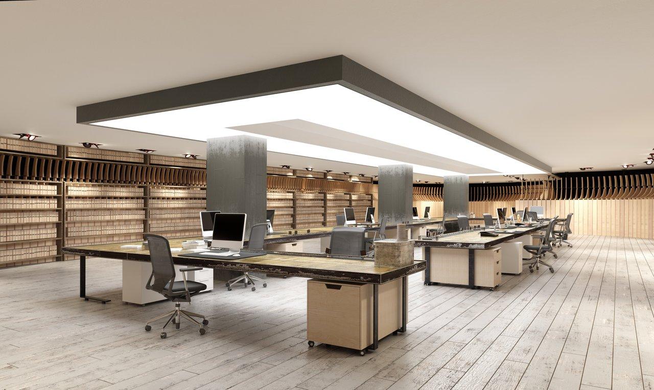 Espace de travail moderne avec éclairage LED, mobilier ergonomique et équipement informatique compact.