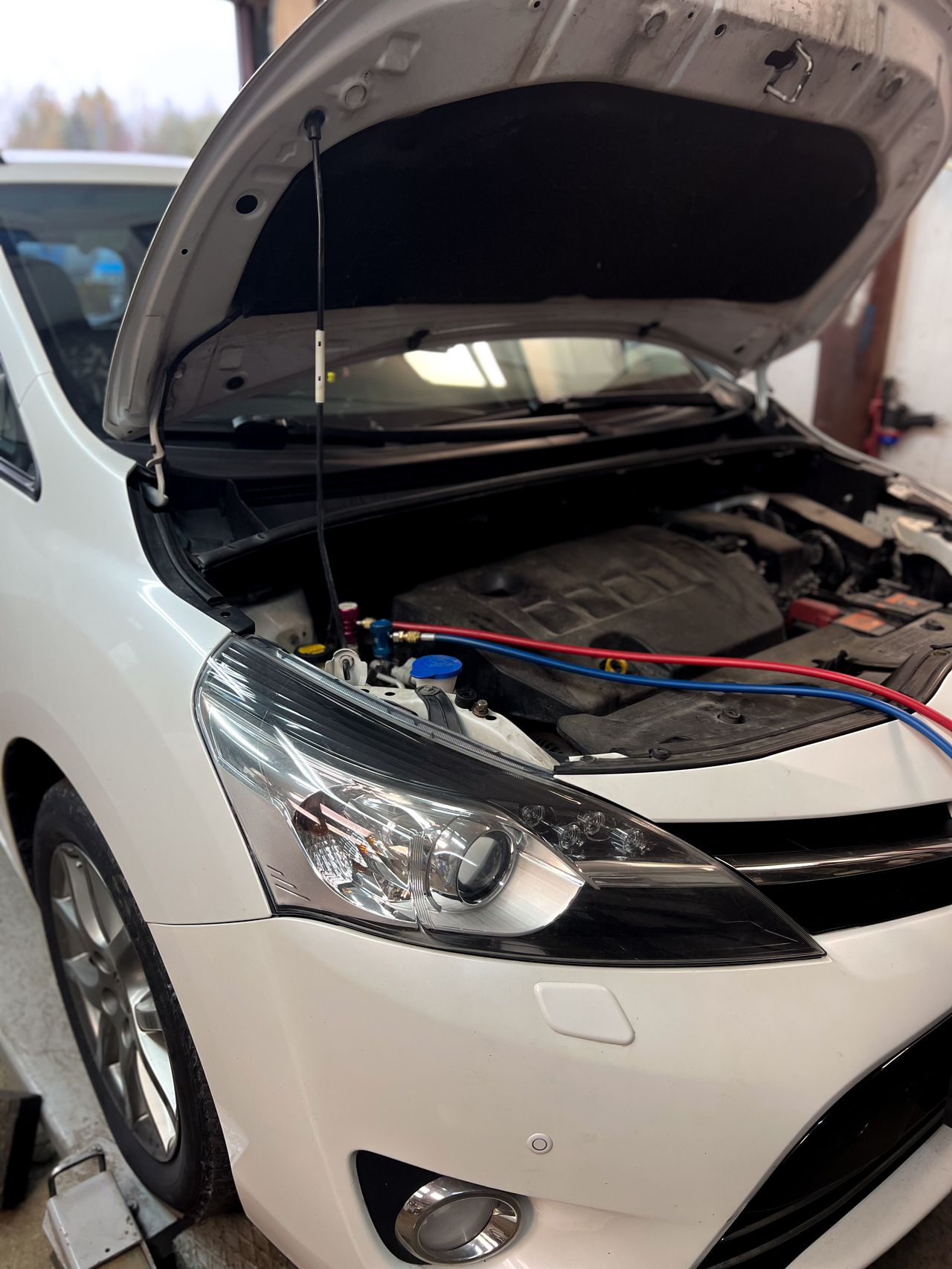 Toyota Prius en atelier, capot ouvert montrant la batterie hybride mise en évidence lors d'une réparation.