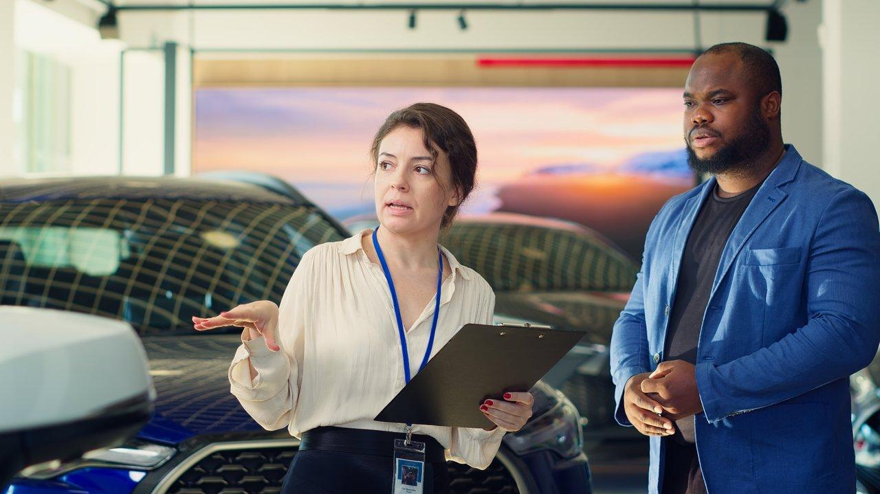 Une commerciale en concession automobile négocie le prix et des options complémentaires avec un client, illustrant une car dealership negotiation efficace.