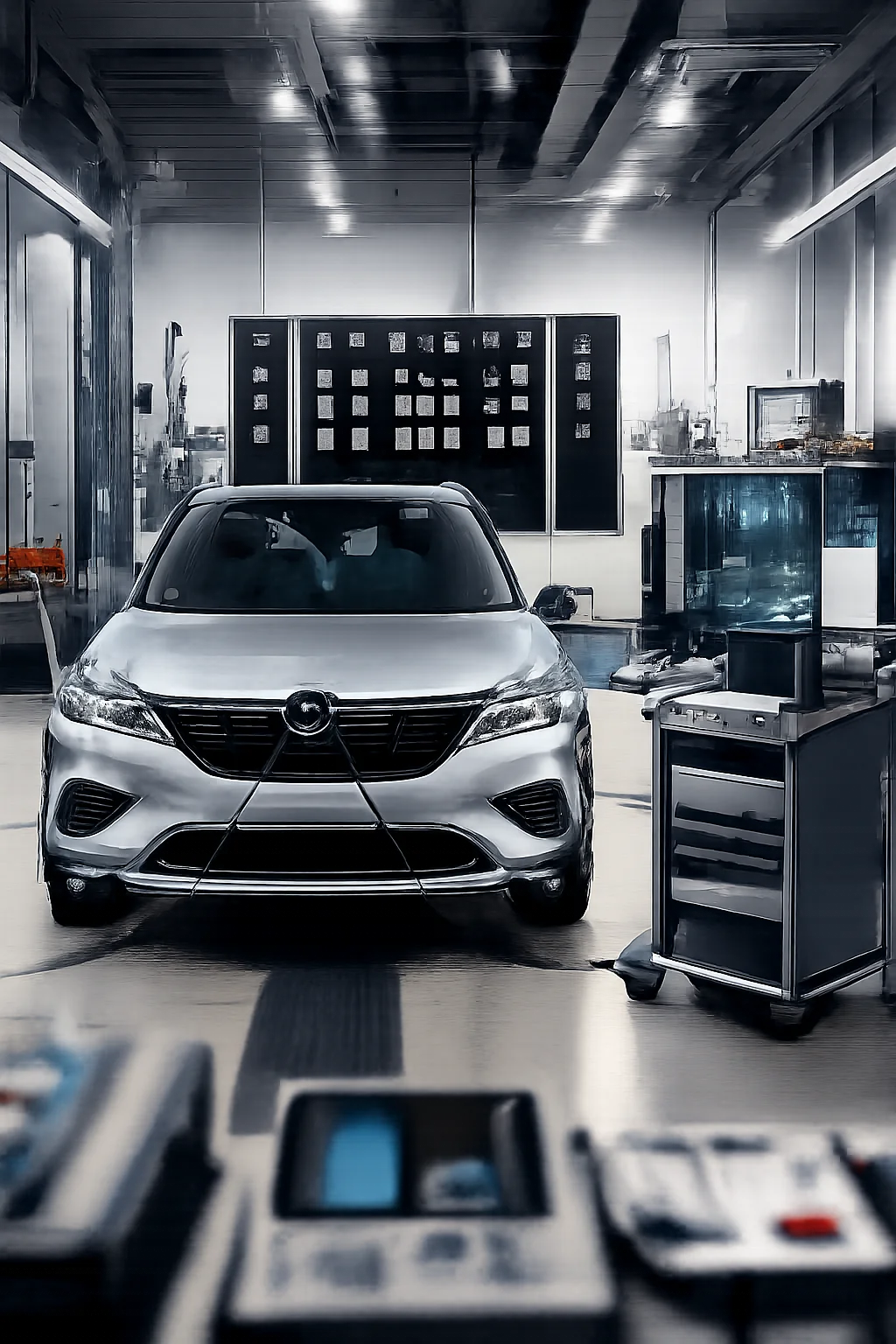 Voiture moderne en atelier, diagnostic ADAS en cours : caméra frontale et capteurs calibrés pour sécurité routière.
