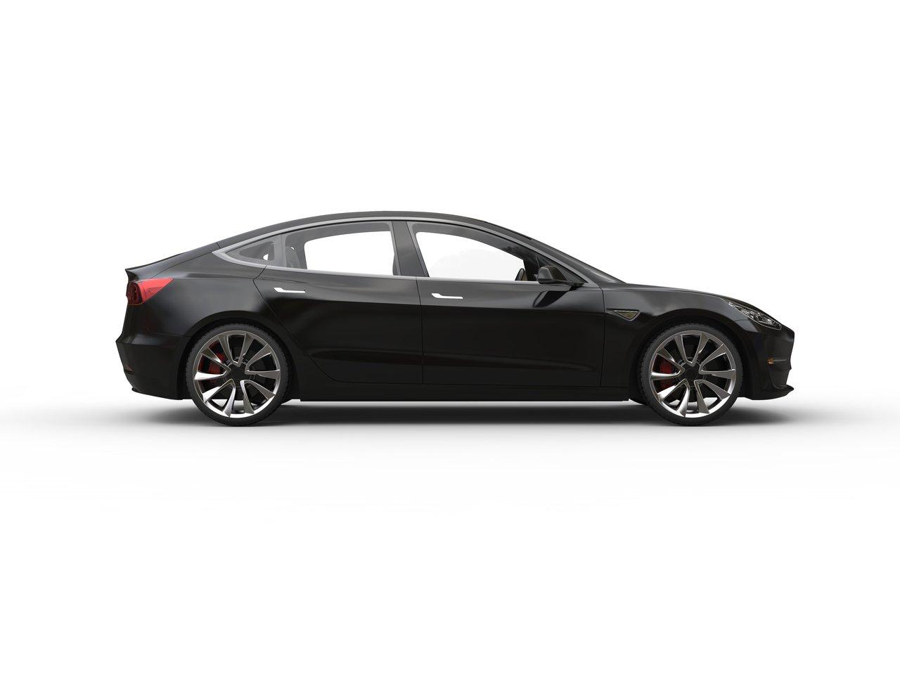 Vue latérale dynamique d'une electric sports sedan moderne, alliant design innovant et performance urbaine.
